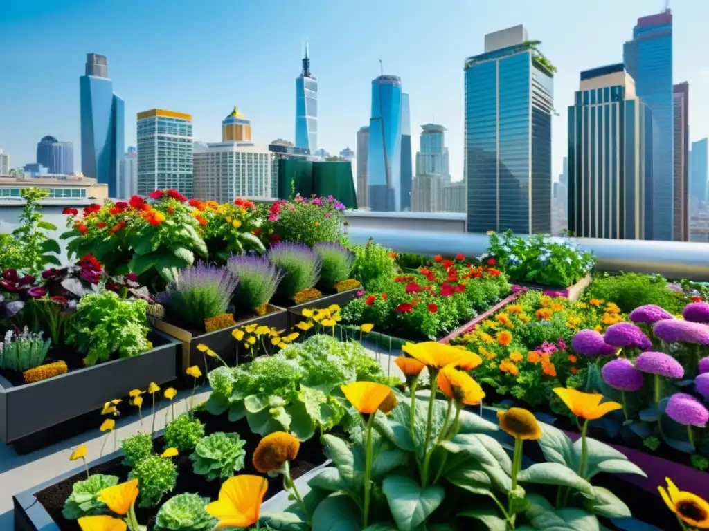 Polinización en huertos urbanos verticales: Un vibrante jardín en la azotea de la ciudad con flores y verduras coloridas, abejas y mariposas revoloteando, y rascacielos de fondo