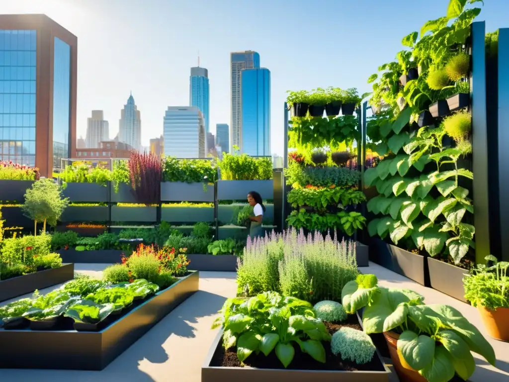 Huertos verticales para agricultura urbana en vibrante jardín comunitario urbano entre edificios altos, con luz dorada y sonrientes jardineros