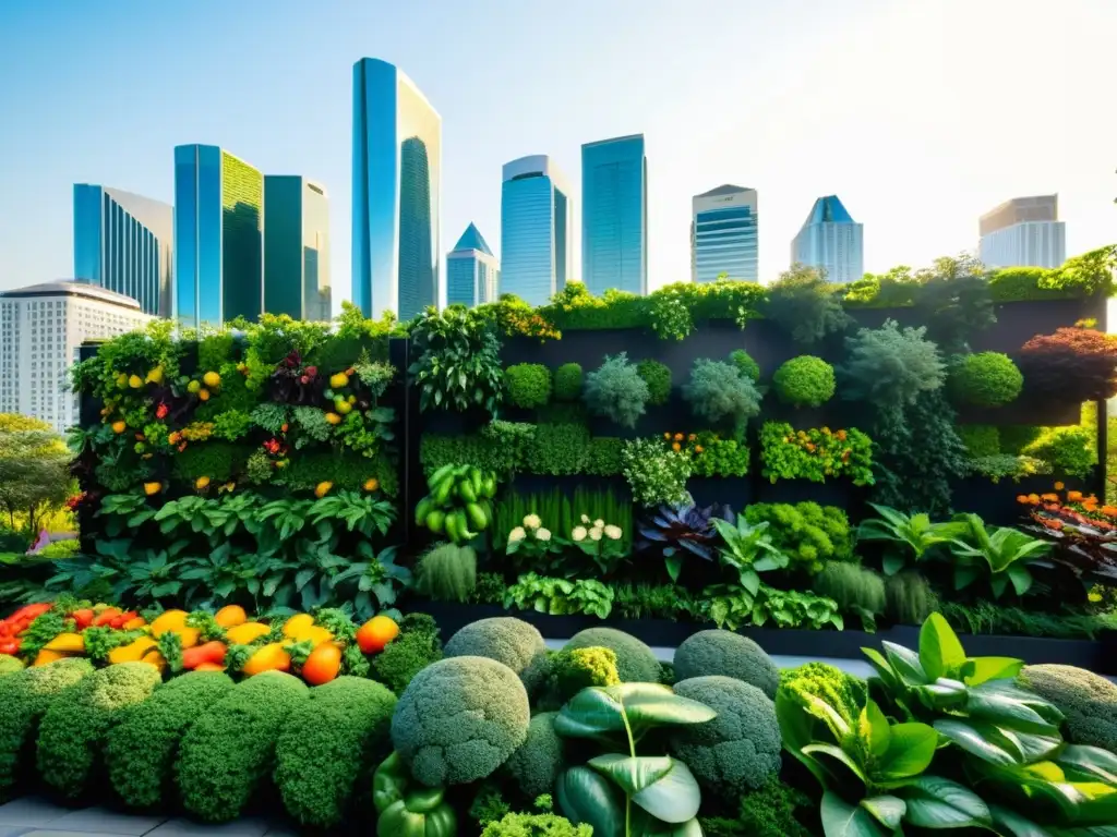 Huertos verticales para agricultura urbana: Moderna ciudad con rascacielos y jardines verticales rebosantes de vida y color