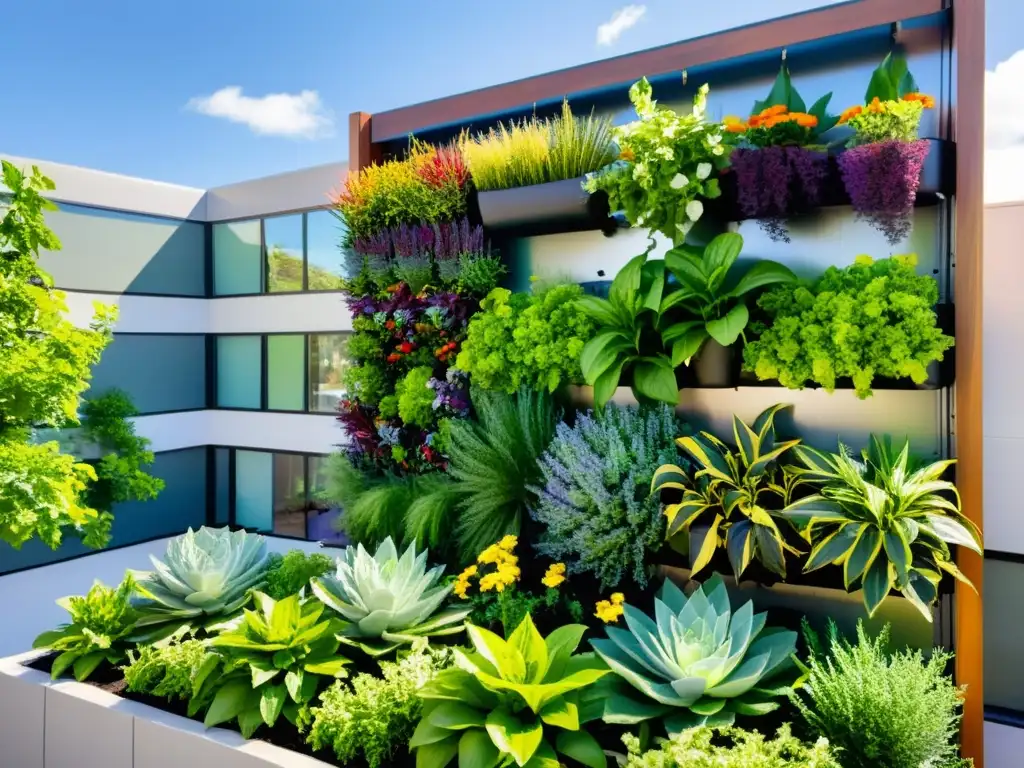 Huertos verticales en escuelas urbanas: Jardín vertical lleno de vida, estudiantes cuidando plantas, ambiente educativo acogedor