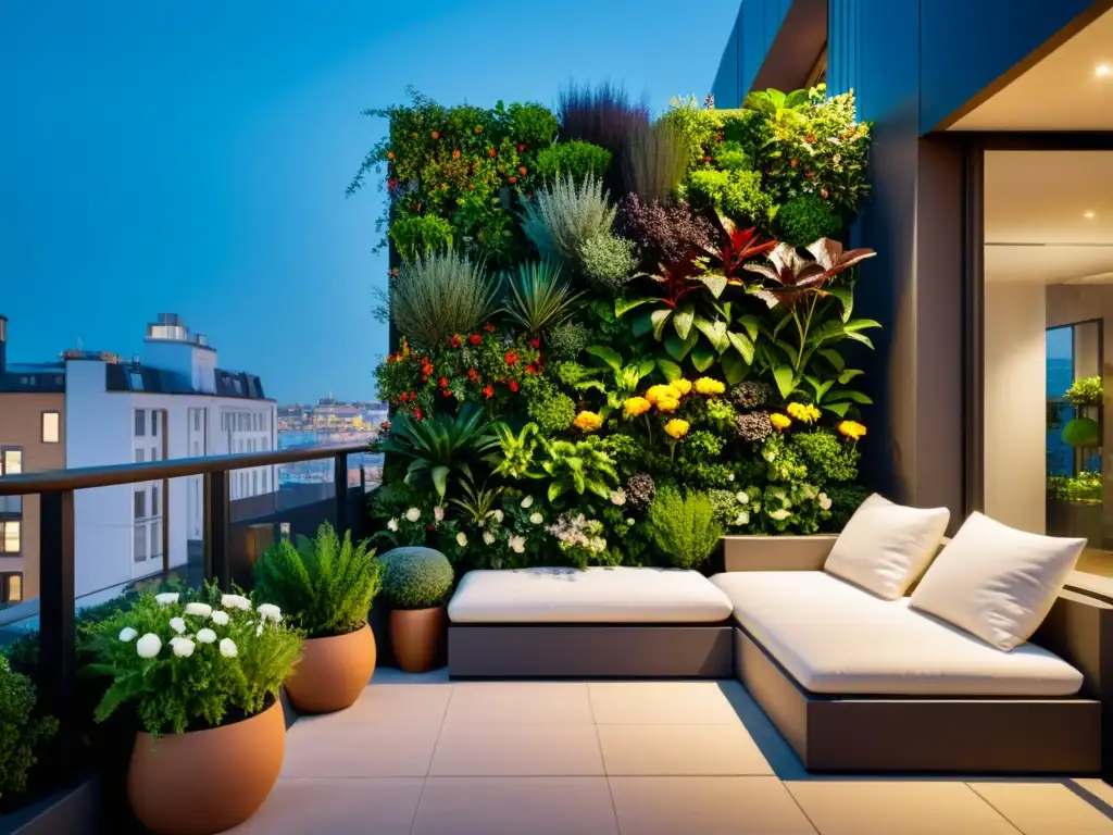 Integrando huertos verticales en espacios urbanos: Jardín vertical con plantas exuberantes iluminadas en un balcón urbano