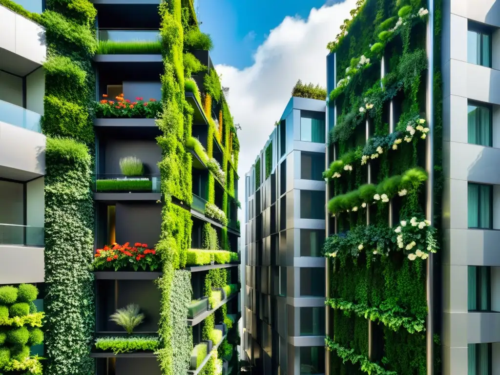 Huertos verticales adornan fachadas urbanas con exuberante vegetación, creando un contraste impresionante entre naturaleza y arquitectura moderna