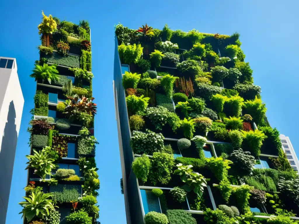 Huertos verticales en fachadas urbanas: una ciudad ultramoderna con rascacielos y una vibrante pared verde en primer plano