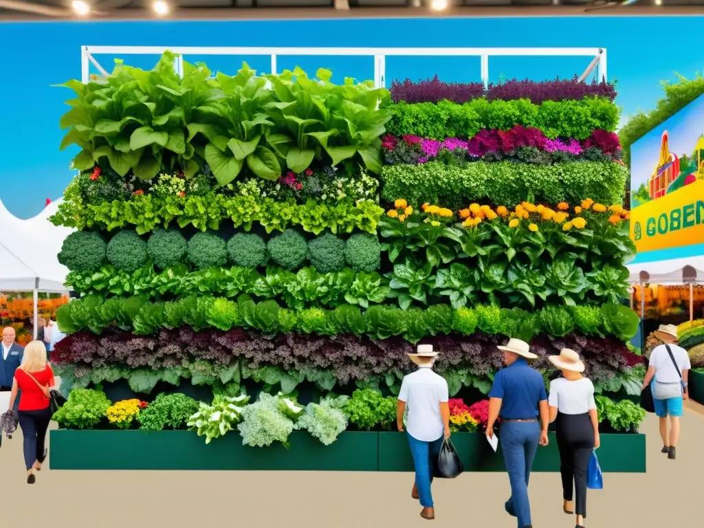 Promoción de huertos verticales en ferias: Vibrante feria agrícola con jardines verticales y cultivos coloridos en un ambiente dinámico