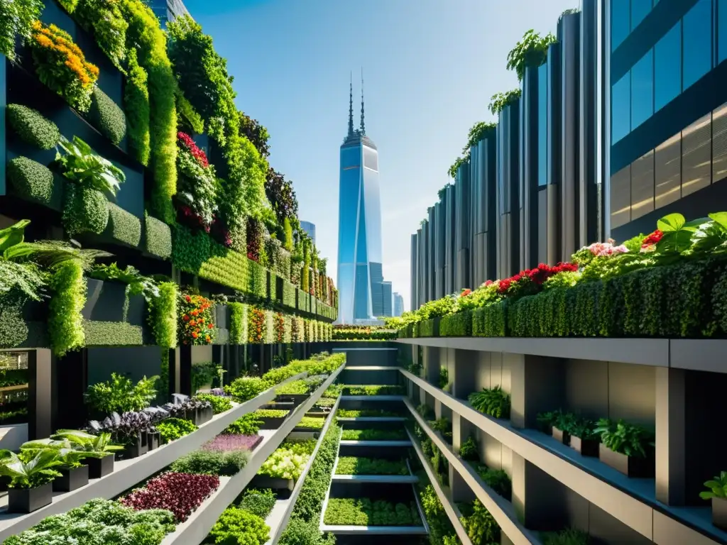 Innovación y huertos verticales: futurista paisaje urbano con jardines exuberantes y frondosos, integrando naturaleza en la ciudad