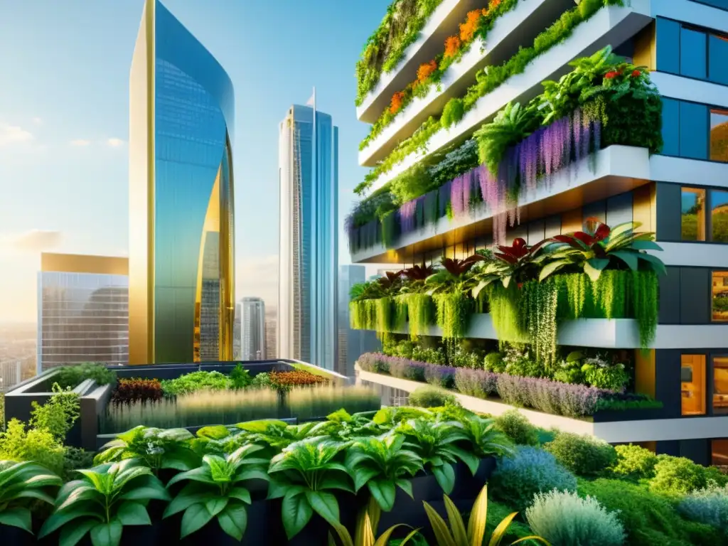 Huertos verticales integrados en el diseño urbano, con vegetación exuberante en modernos rascacielos