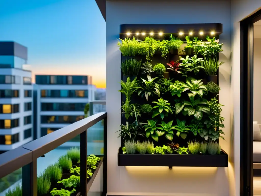 Huertos verticales inteligentes automatizados: sistema moderno con plantas exuberantes en un balcón urbano