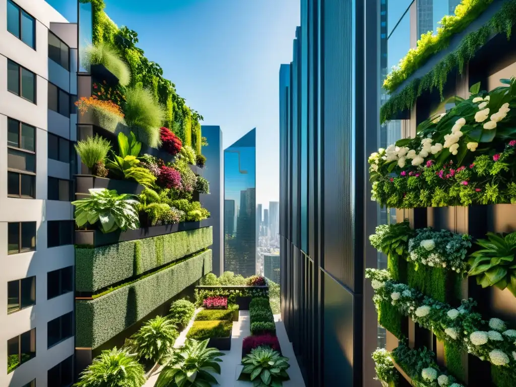 Innovación en huertos verticales: moderna ciudad con rascacielos y jardines verticales exuberantes integrados en la arquitectura urbana