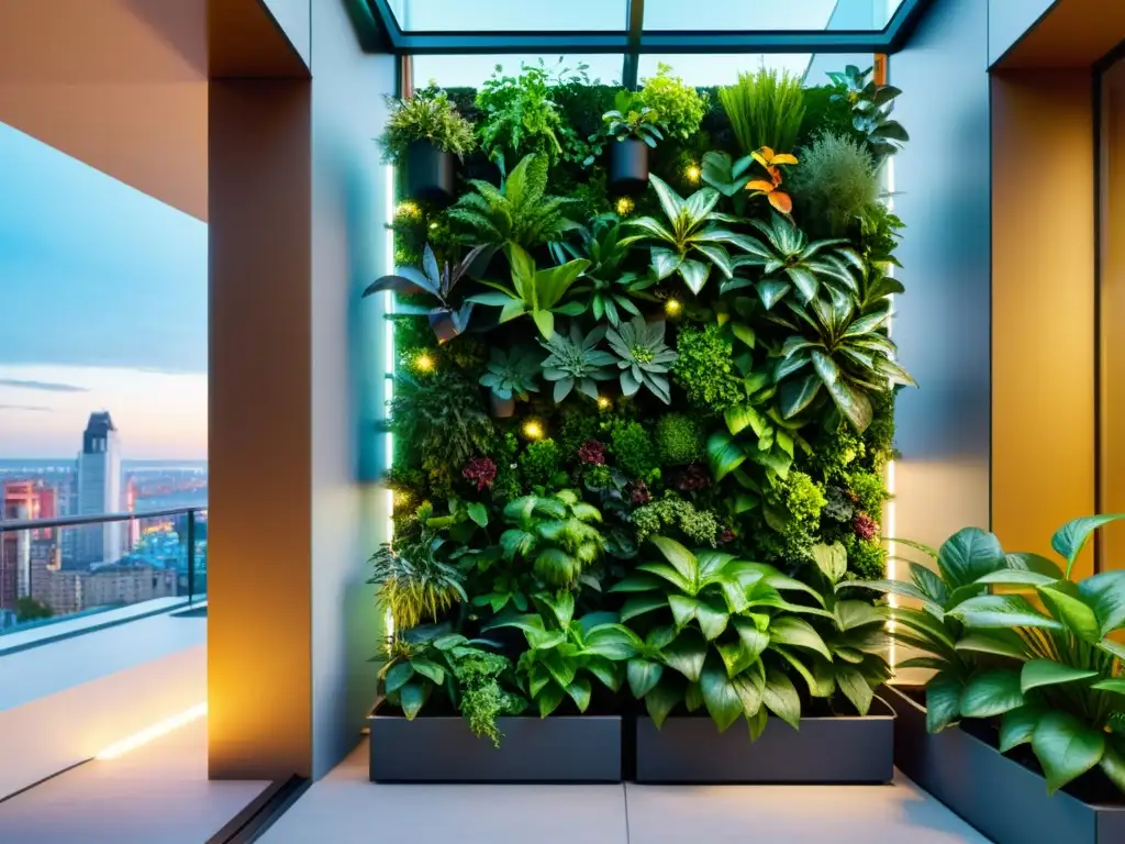 Huertos verticales modulares para balcones: imagen detallada de jardín vertical con plantas exuberantes en un balcón urbano elegante y moderno