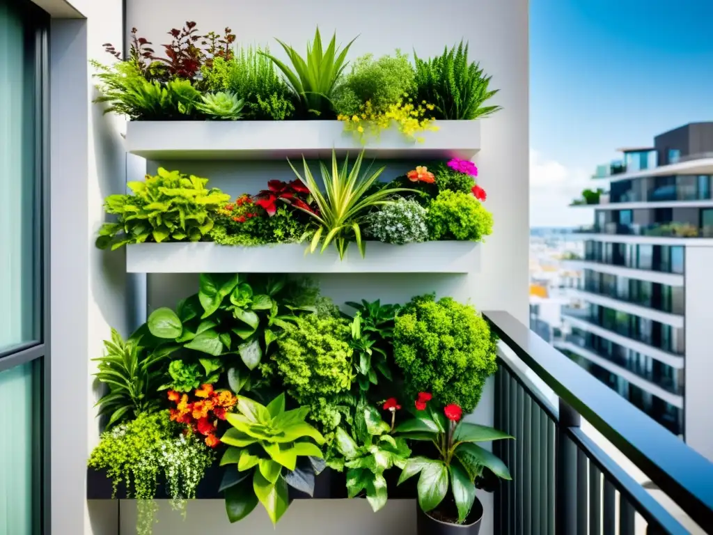 Huertos verticales modulares para balcones: exuberante jardín urbano en un elegante balcón, con plantas saludables y vibrantes