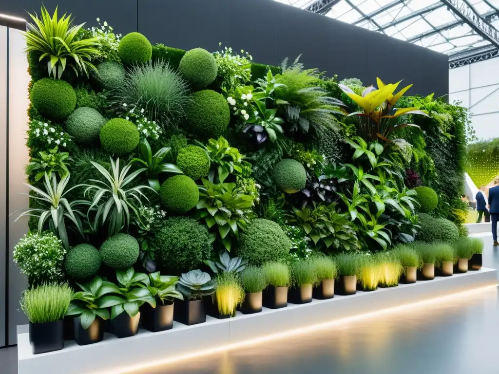 Huertos verticales modulares en eventos: Jardín vertical moderno con plantas vibrantes en un espacio innovador y sostenible