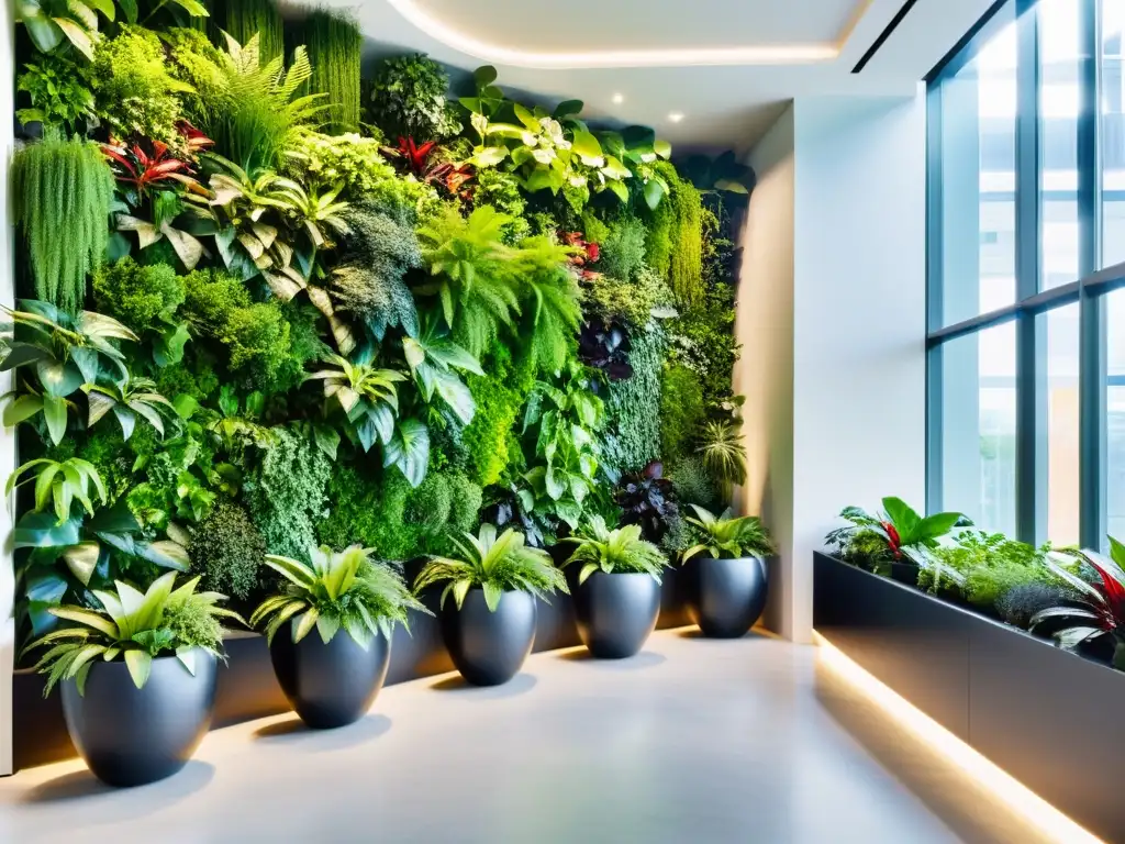 Huertos verticales para oficinas: Un moderno espacio de oficina con jardines verticales de suelo a techo, llenos de exuberantes plantas verdes