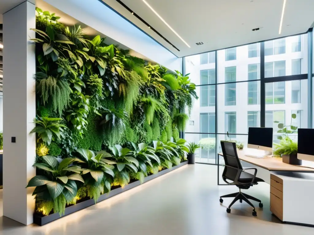 Huertos verticales para oficinas con plantas exuberantes en un espacio de oficina moderno y luminoso