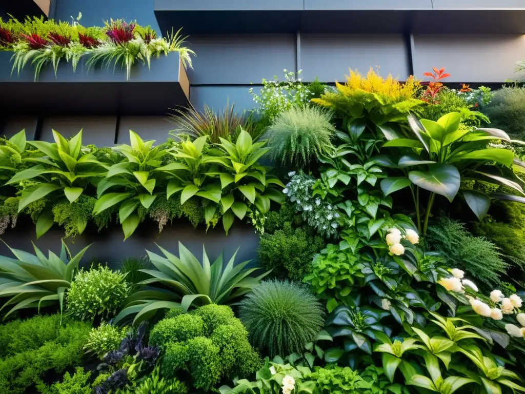 Huertos verticales con plantas nativas en un diseño moderno y armonioso, capturando la belleza de la naturaleza urbana