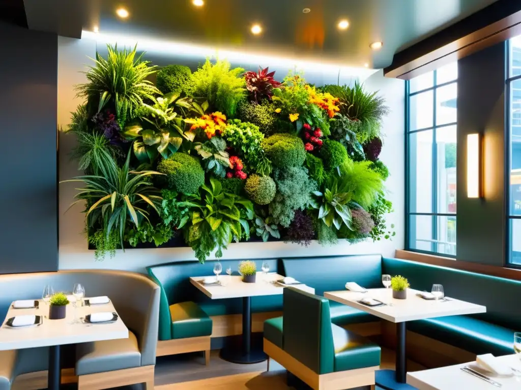 Huertos verticales para restaurantes: instalación innovadora con vegetación exuberante y ambiente acogedor