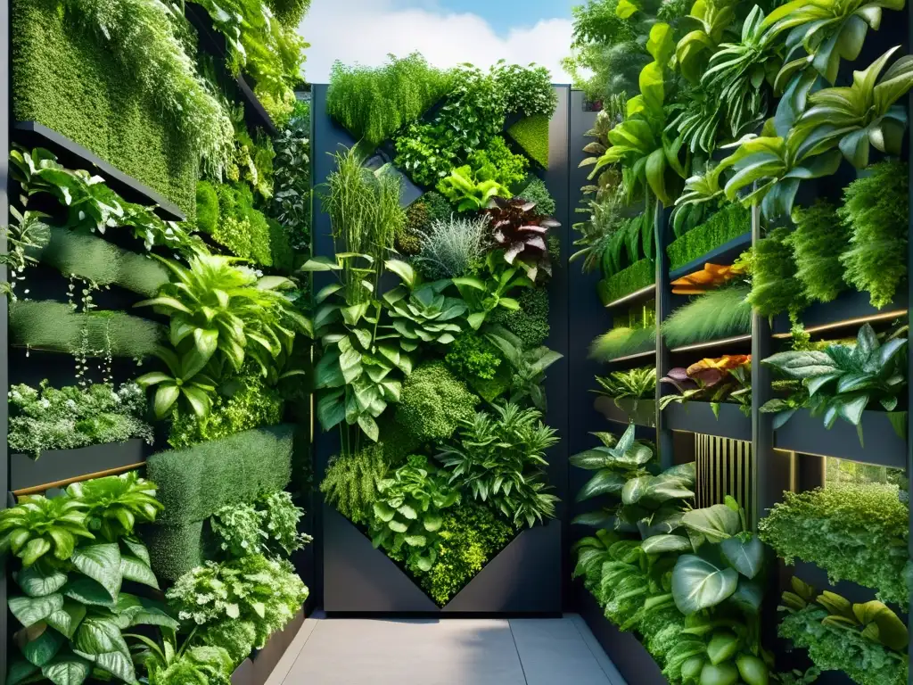 Huertos verticales urbanos: una impresionante imagen 8k detallada de un jardín vertical moderno y próspero, con verduras y plantas exuberantes