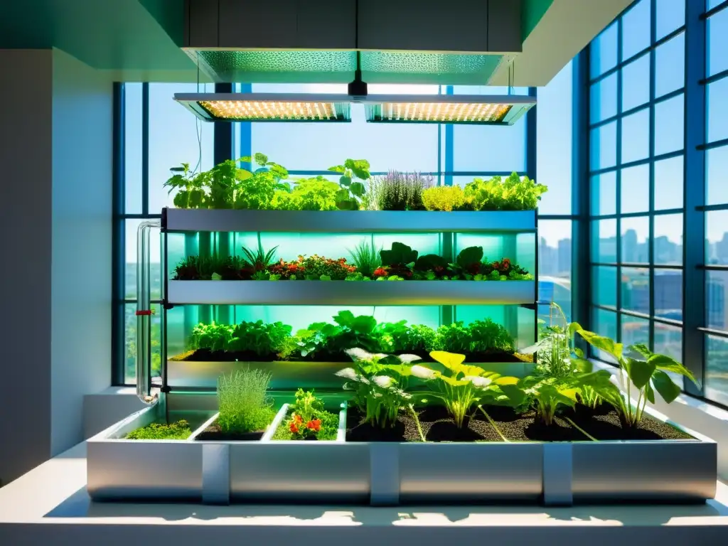 Acuaponía para huertos verticales urbanos: sistema moderno integrado en arquitectura urbana, con abundante vegetación y peces