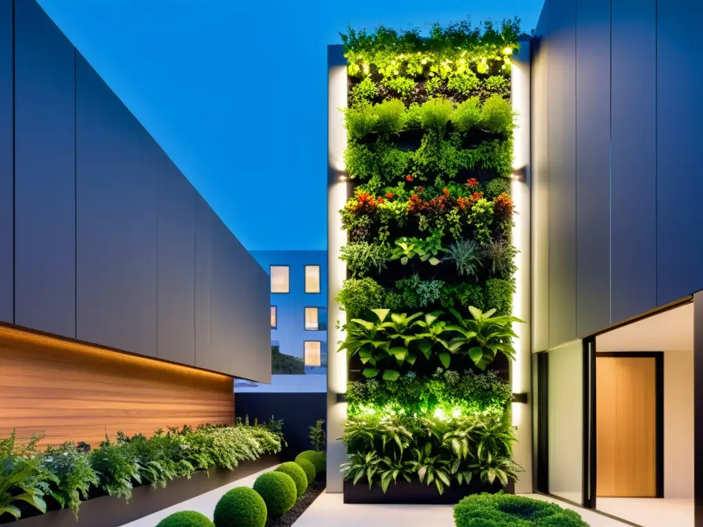 Automatización en huertos verticales urbanos: jardín vertical moderno con vegetación exuberante y luces LED, integrando tecnología inteligente