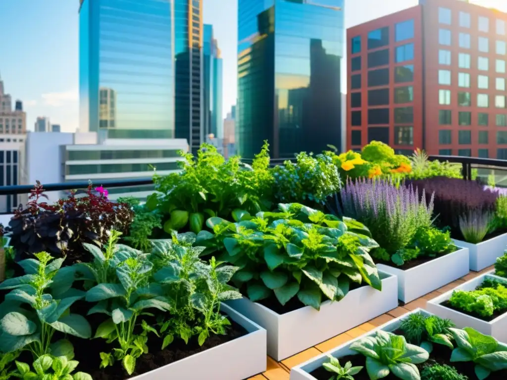 Huertos verticales urbanos, agricultura vibrante en jardín de azotea urbano lleno de coloridas verduras y hierbas, contrastando con la ciudad