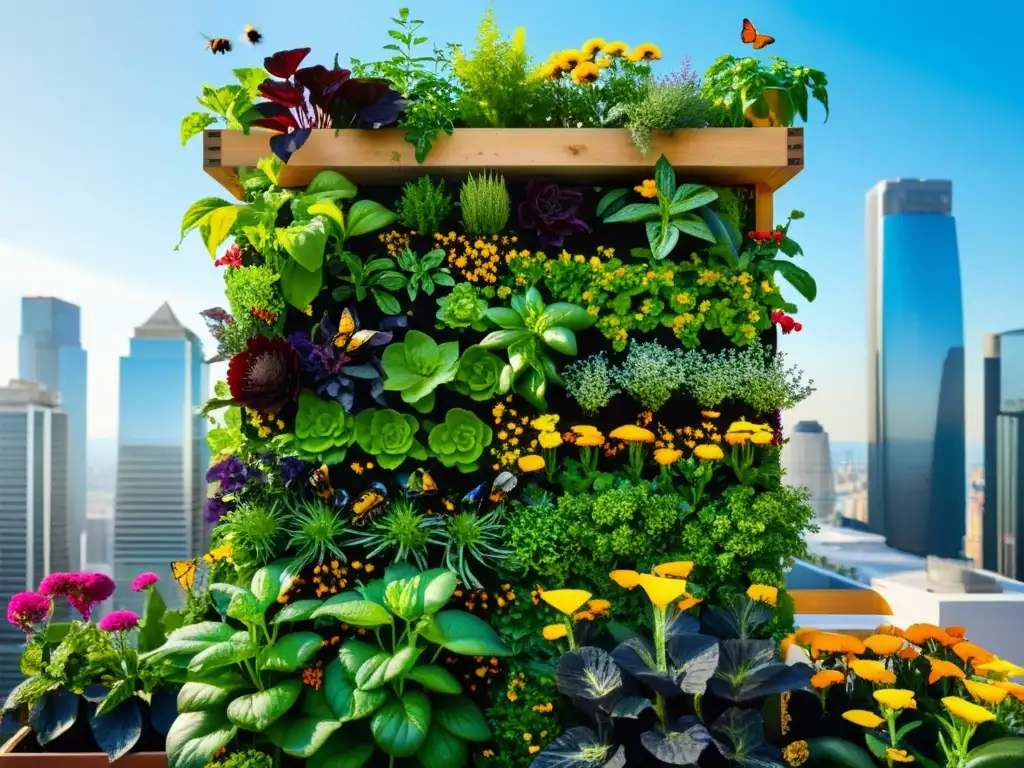 Polinización en huertos verticales urbanos: vibrante jardín urbano con diversidad de plantas, abejas y mariposas, armonía entre naturaleza y ciudad