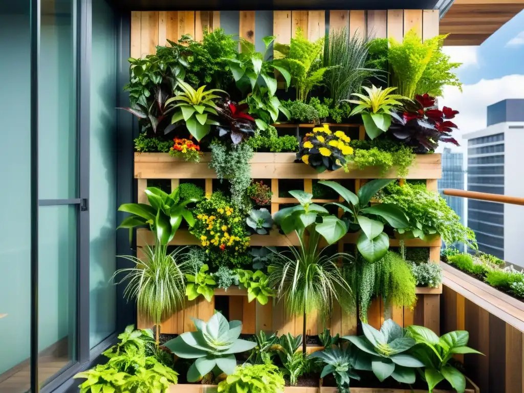 Huertos verticales con palets: Jardín verde con plantas y flores en cascada, contrastando con la arquitectura moderna y la luz solar filtrada