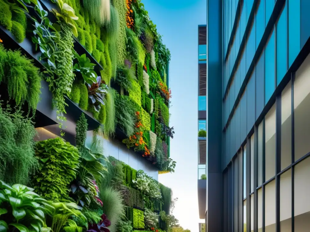 Innovación en huertos verticales: un jardín vertical de diseño moderno, con exuberante vegetación y eficiente uso del agua