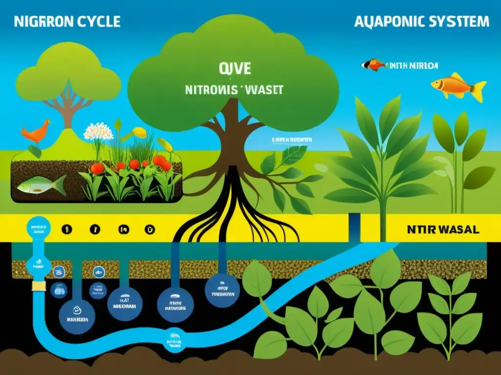 Una ilustración detallada y vibrante del ciclo del nitrógeno en huertos acuapónicos, mostrando procesos interconectados en un jardín próspero y moderno
