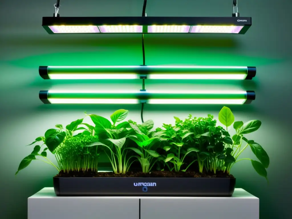 Una imagen de iluminación adecuada para acuaponía urban con verduras exuberantes y peces saludables en un espacio contemporáneo