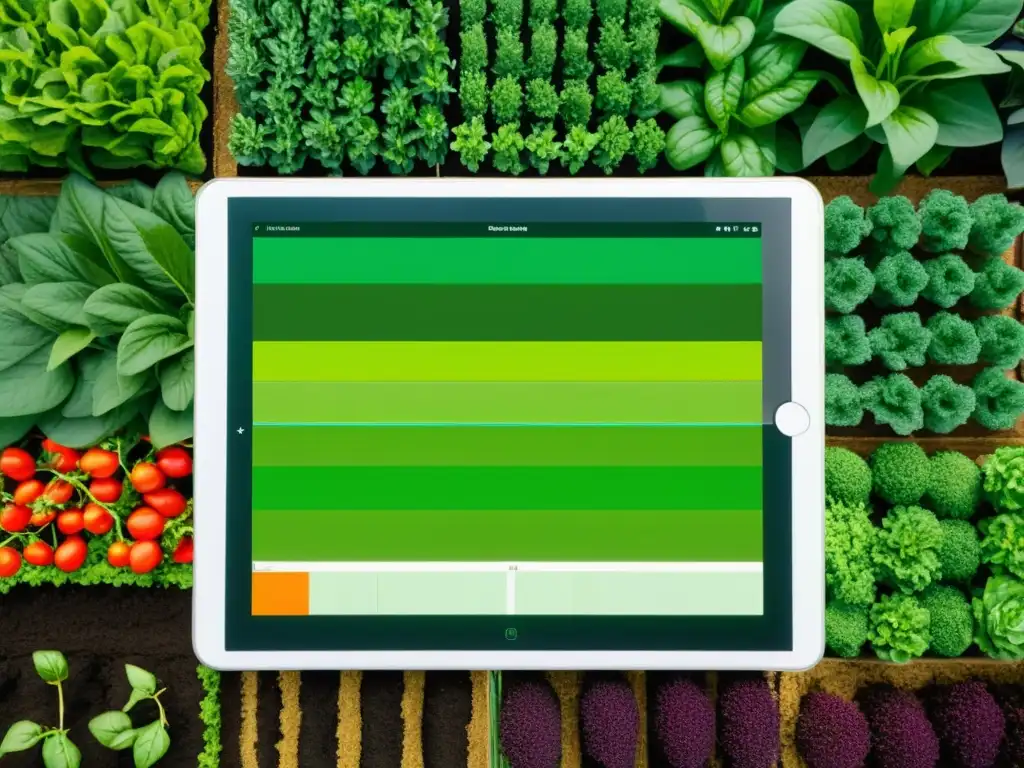 Imagen aérea de jardín urbano exuberante con app de mapeo de nutrientes del suelo, fusionando tecnología y agricultura sostenible