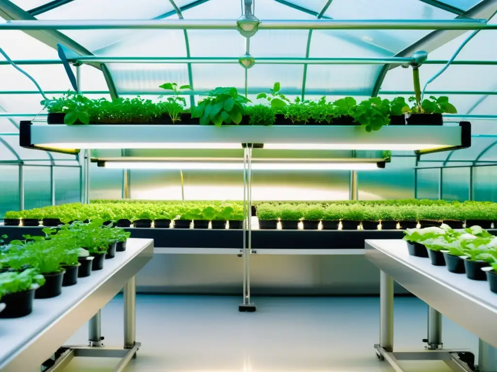 Imagen de agricultura urbana del futuro: un invernadero moderno con sistema aquapónico de alta tecnología y exuberantes plantas verdes