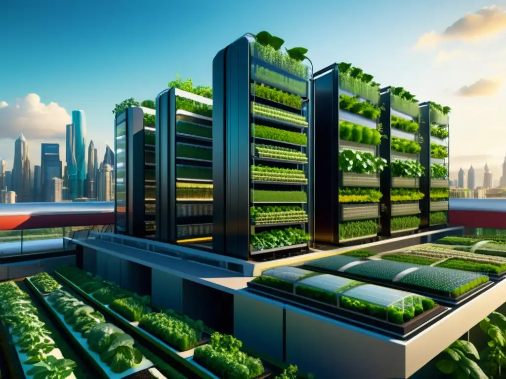 Imagen 8k de agricultura urbana del futuro: granjas verticales, tecnología avanzada y naturaleza en la ciudad