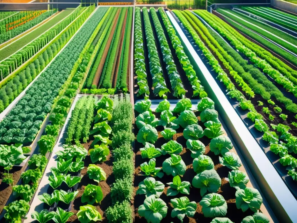 Imagen de agricultura urbana con riego subterráneo controlado, mostrando innovación y sostenibilidad en el cultivo de hortalizas