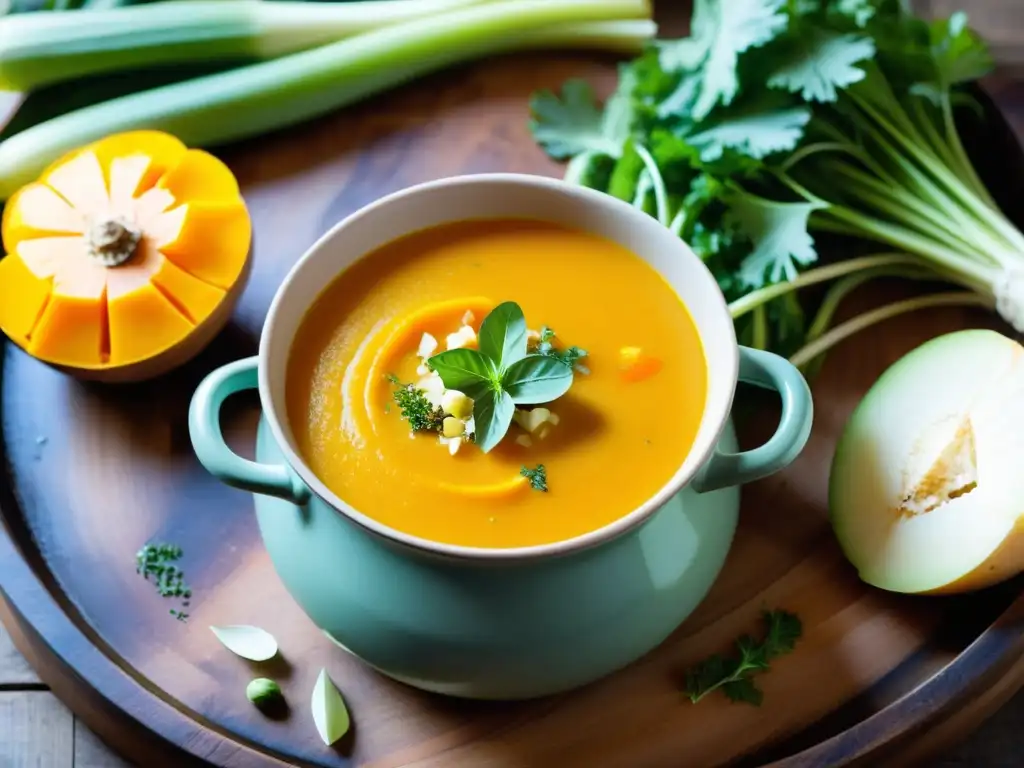 Una imagen de una deliciosa sopa de calabaza dorada rodeada de vegetales frescos en una mesa rústica con luz natural