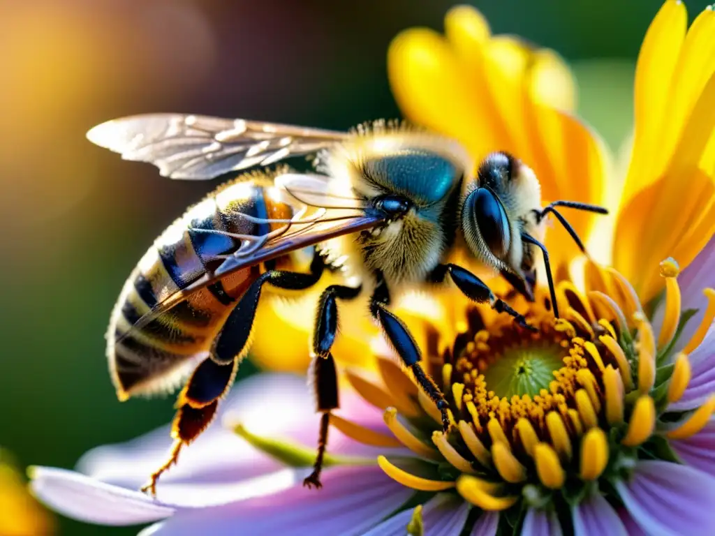 Imagen detallada de una abeja cubierta de polen, polinizando en un huerto urbano con luz dorada