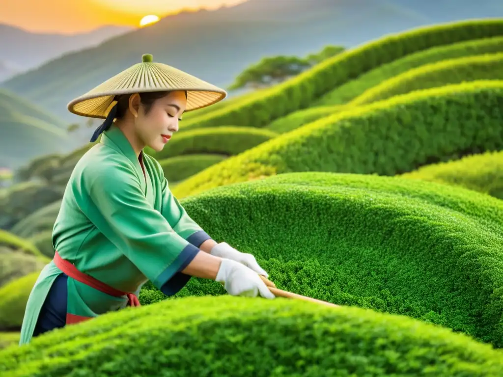 Imagen detallada de la cosecha manual de hojas de té matcha en un jardín japonés, transmitiendo serenidad y belleza natural