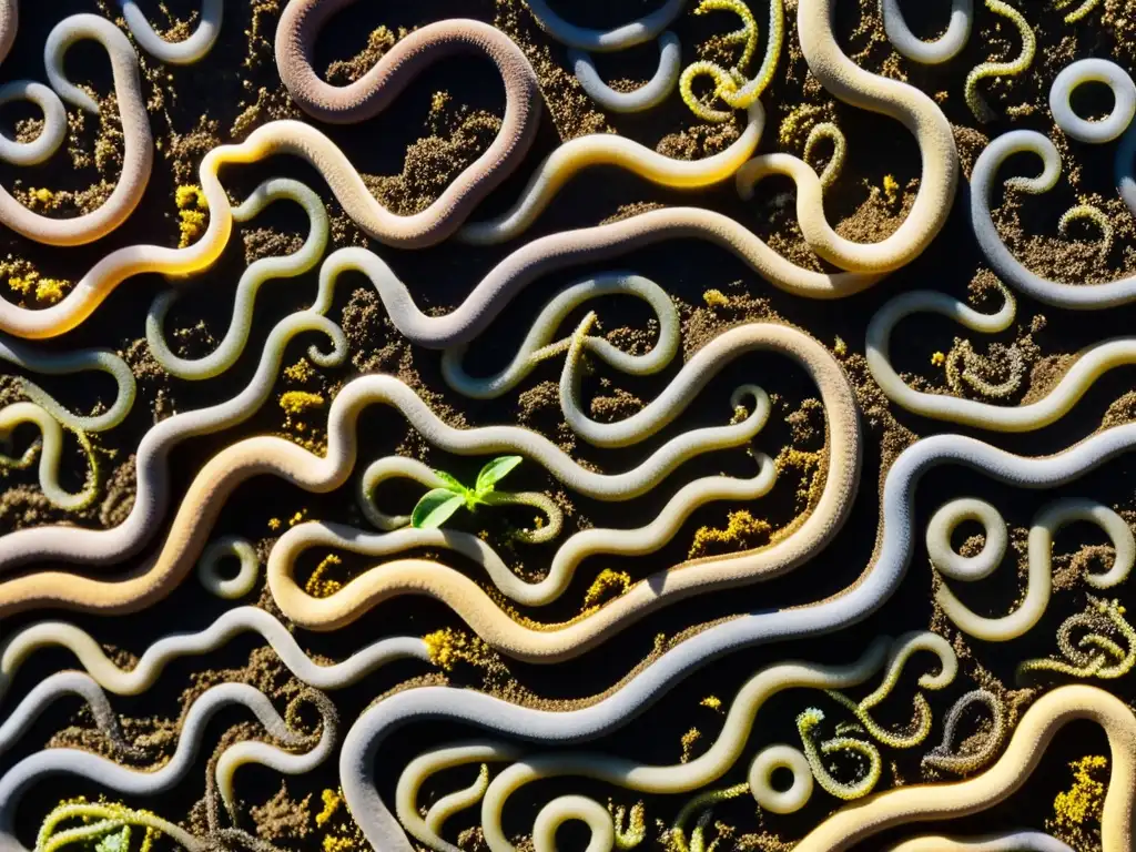 Imagen detallada de nematodos beneficiosos en un jardín urbano, mostrando el control ecológico de nematodos urbanos en armonía con la naturaleza