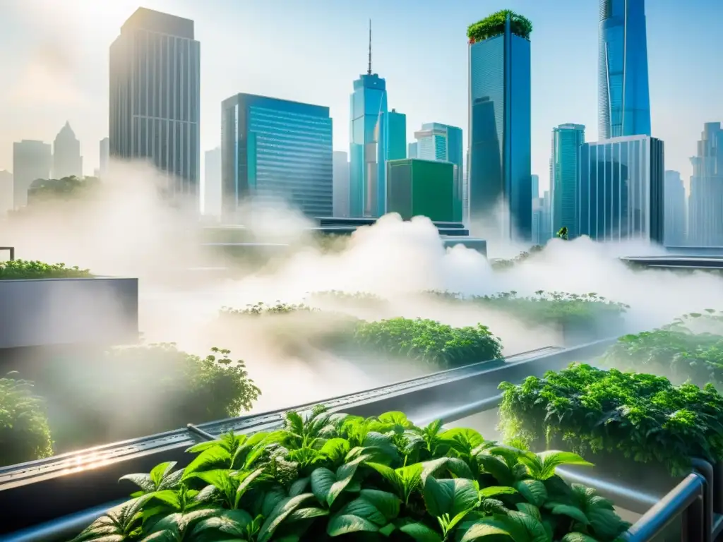 Una imagen detallada de un paisaje urbano moderno con rascacielos y un jardín en la azotea con sistemas avanzados de riego por nebulización