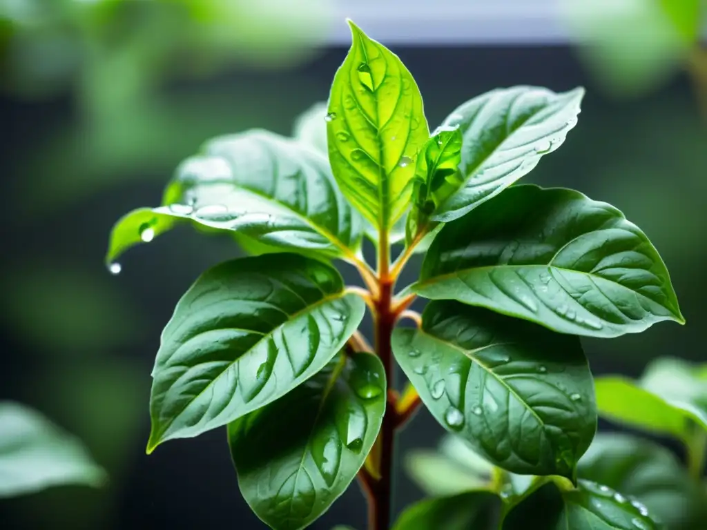 Frescura urbana: albahaca vibrante en jardín vertical Imagen detallada de planta de albahaca verde con gotas de rocío en un huerto vertical, inspirando recetas de salsas para huertos verticales
