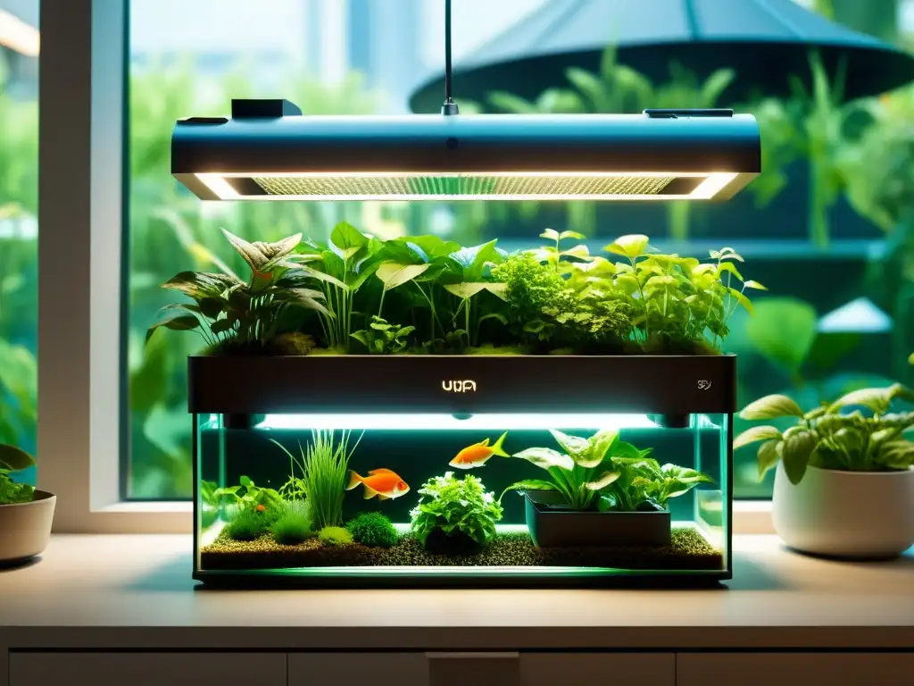 Una imagen 8K detallada de un sistema de acuaponía urbano con aplicaciones móviles, rodeado de exuberante vegetación y muebles modernos