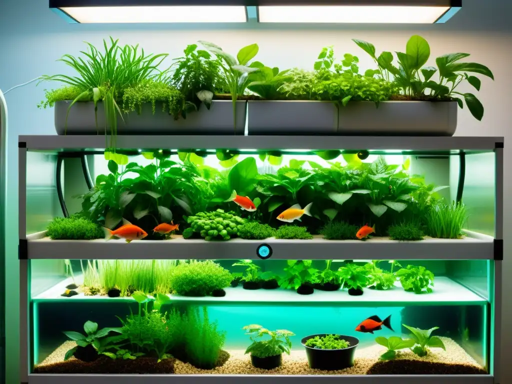 Una imagen detallada muestra la nutrición en acuaponía urbana con plantas exuberantes y peces vivos en un sistema moderno