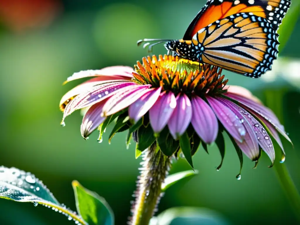 Una imagen detallada y vibrante de una flor morada cubierta de rocío, con una mariposa monarca bebiendo néctar