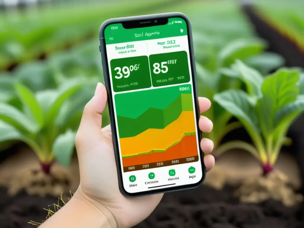 Una imagen detallada y vibrante de una pantalla de smartphone mostrando una app de mapeo de nutrientes del suelo urbano