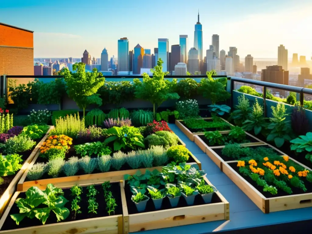 Imagen detallada de un vibrante jardín urbano en la azotea, con agricultura urbana en tiempos de crisis