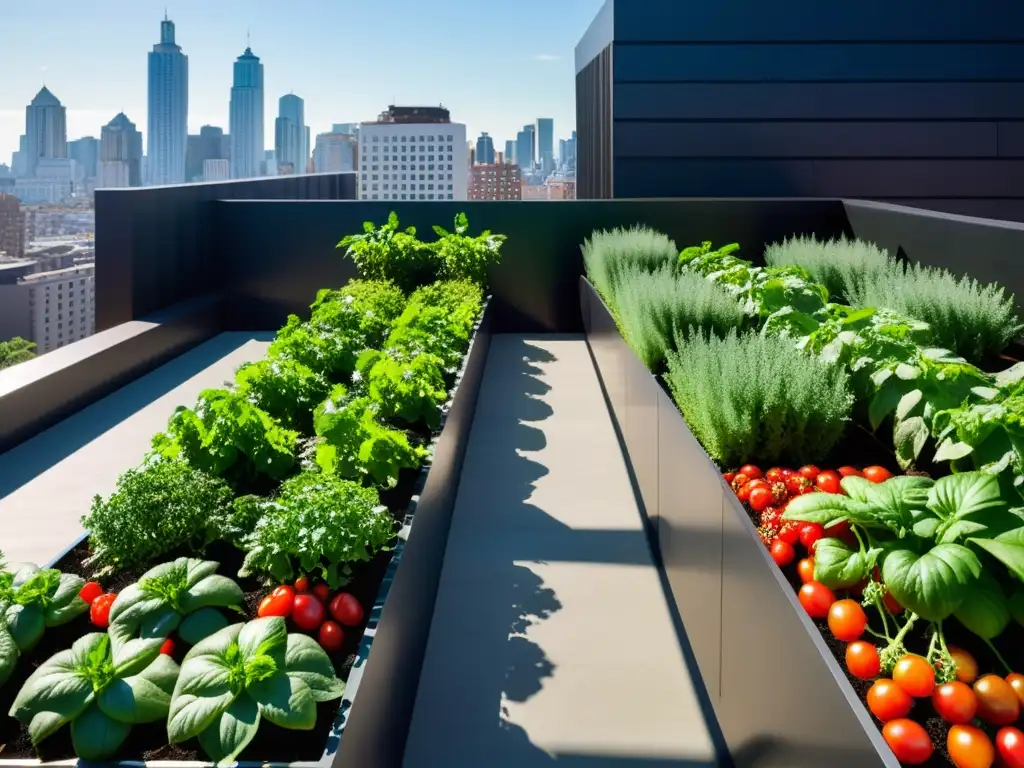 Imagen de un exuberante jardín en la azotea urbana con enredaderas comestibles cultivadas en vertical, bañadas por la luz solar entre arquitectura contemporánea