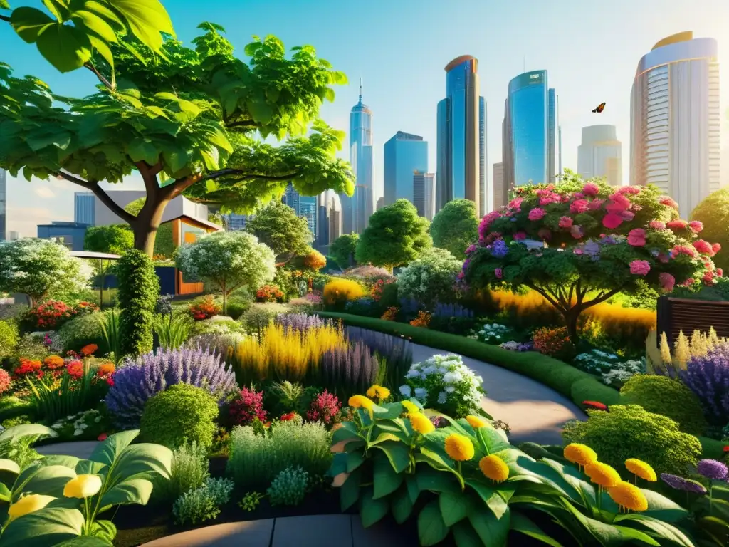 Imagen 8k de un exuberante jardín urbano con biodiversidad y impacto positivo en la comunidad