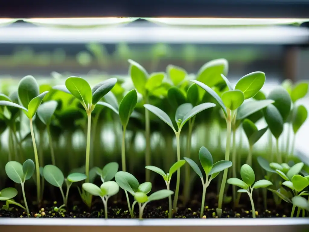 Imagen de microgreens exuberantes creciendo en un sistema de acuaponía, resaltando la belleza y sostenibilidad del cultivo de microgreens en acuaponía