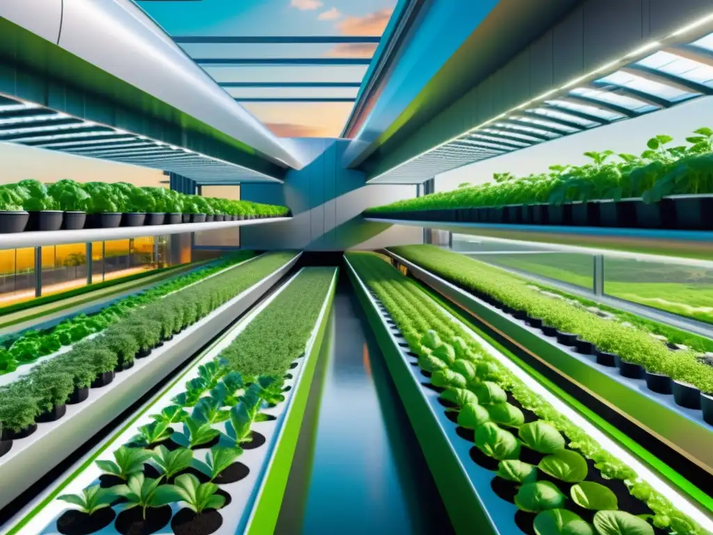 Imagen 8k de una futurista instalación de agricultura urbana del futuro, con tecnología avanzada y métodos sostenibles de cultivo