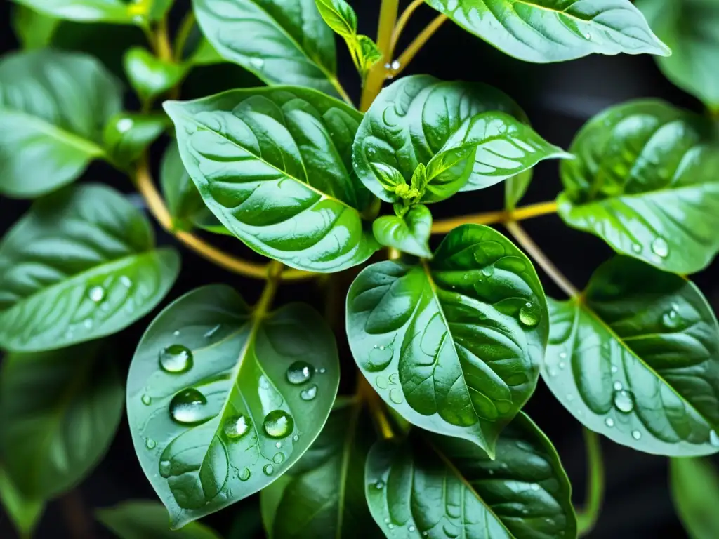 Imagen de hojas de albahaca verde vibrante con gotas de agua, en un huerto vertical moderno, evocando frescura y vitalidad