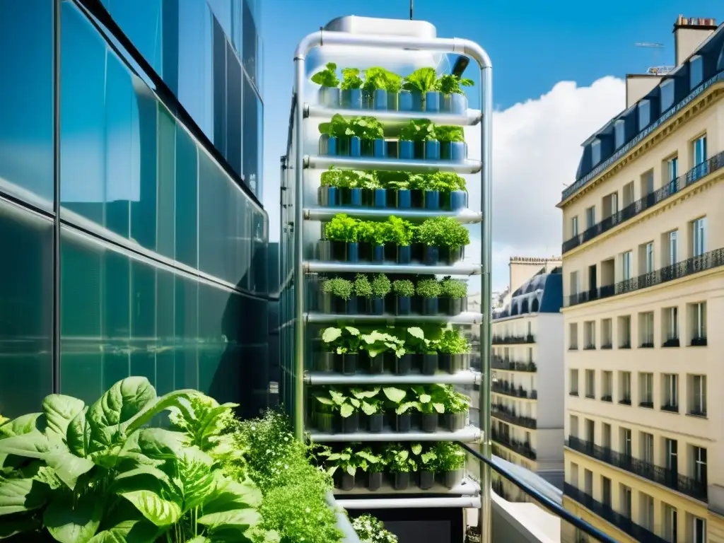 Imagen de huerto vertical futurista en París, mostrando la integración de tecnología y agricultura urbana