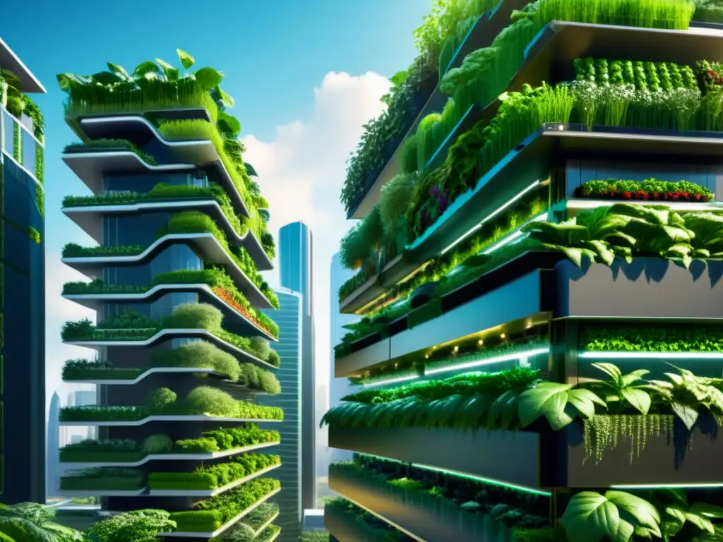 Imagen impactante de una futurista ciudad con agricultura vertical urbana, mostrando alianzas verdes entre naturaleza y arquitectura moderna